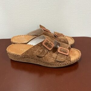 La plume Slip on comfort Embossed Leather Sandals Brown Sz 39 USA 8.5 Bohemian .